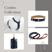 Premium Leather Navy Blue Dog Collar Harness Leash Poop Bag Dispenser Combo
