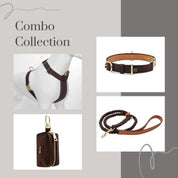  Premium Leather Cognac Brown Dog Collar Harness Leash Poop Bag Dispenser Combo
