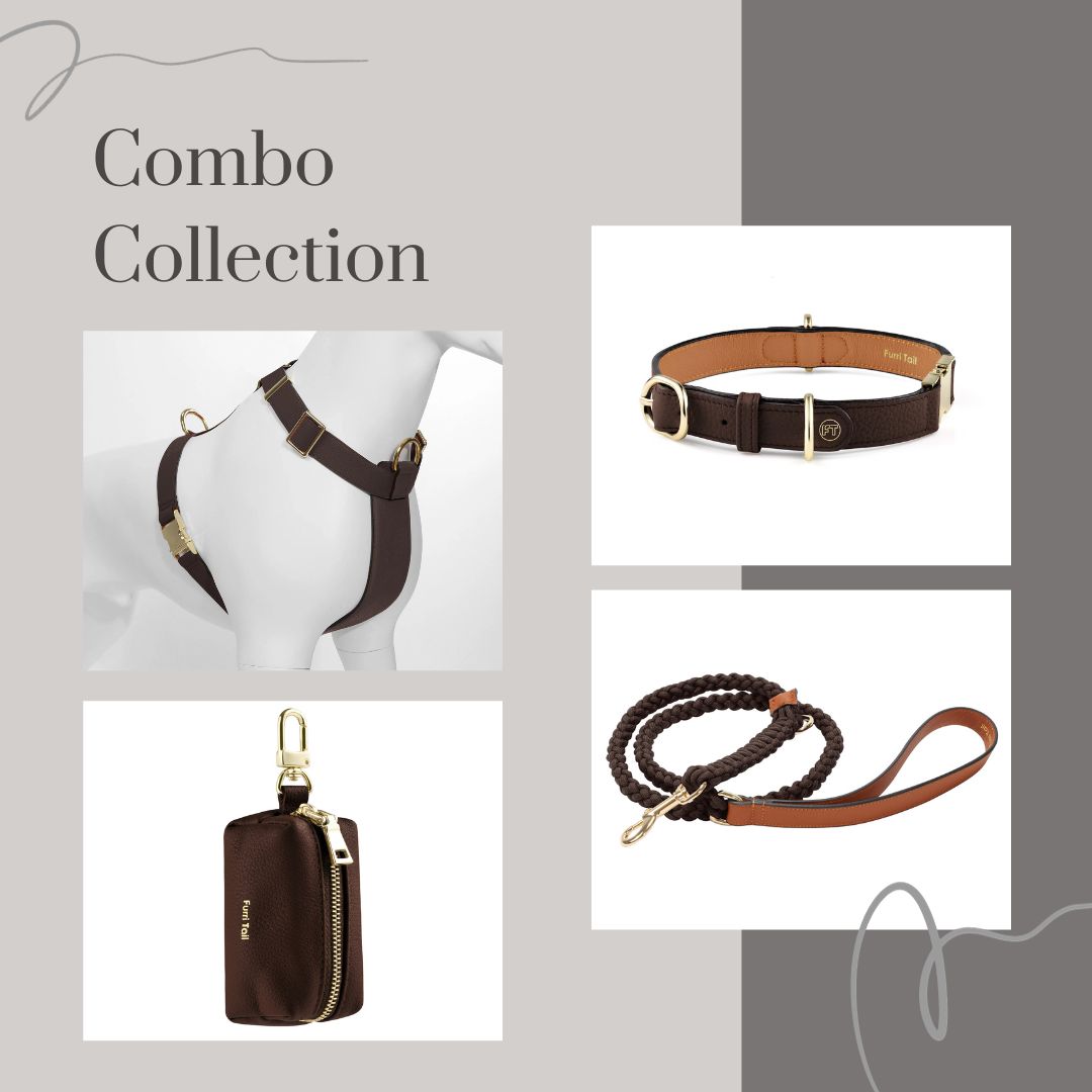 Premium Leather Cognac Brown Dog Collar Harness Leash Poop Bag Dispenser Combo