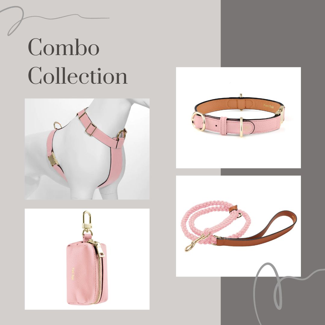  Premium Leather Pink Dog Collar Harness Leash Poop Bag Dispenser Combo