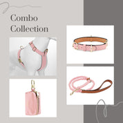 Premium Leather Pink Dog Collar Harness Leash Poop Bag Dispenser Combo
